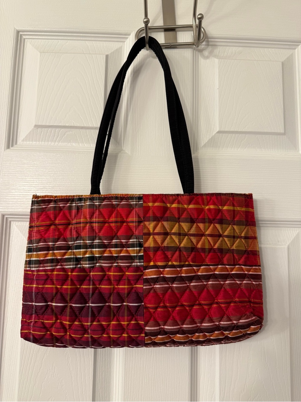 Vera Bradley Quilted Plaid Tote in Red, Burgundy and Black Straps